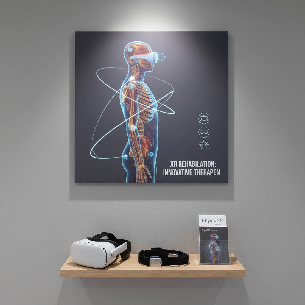 A close, detailed shot of a physiotherapy practice wall featuring an educational XR rehab information display, with no humans. A large, matte-finish poster shows a stylized musculoskeletal system overlaid with translucent motion-tracking markers and trajectory lines, alongside small icons for VR, AR, and gamification. Beneath it, a narrow floating shelf holds a neatly aligned VR headset, a pair of smart motion bands, and a slim brochure stand labeled “PhysioXR Konzept”. Neutral gray walls and a soft white LED wall washer provide even, glare-free illumination, enhancing text legibility and color accuracy. Captured straight-on with sharp focus across the frame, the composition feels orderly, informative, and authoritative, perfectly suited for a professional clinic.