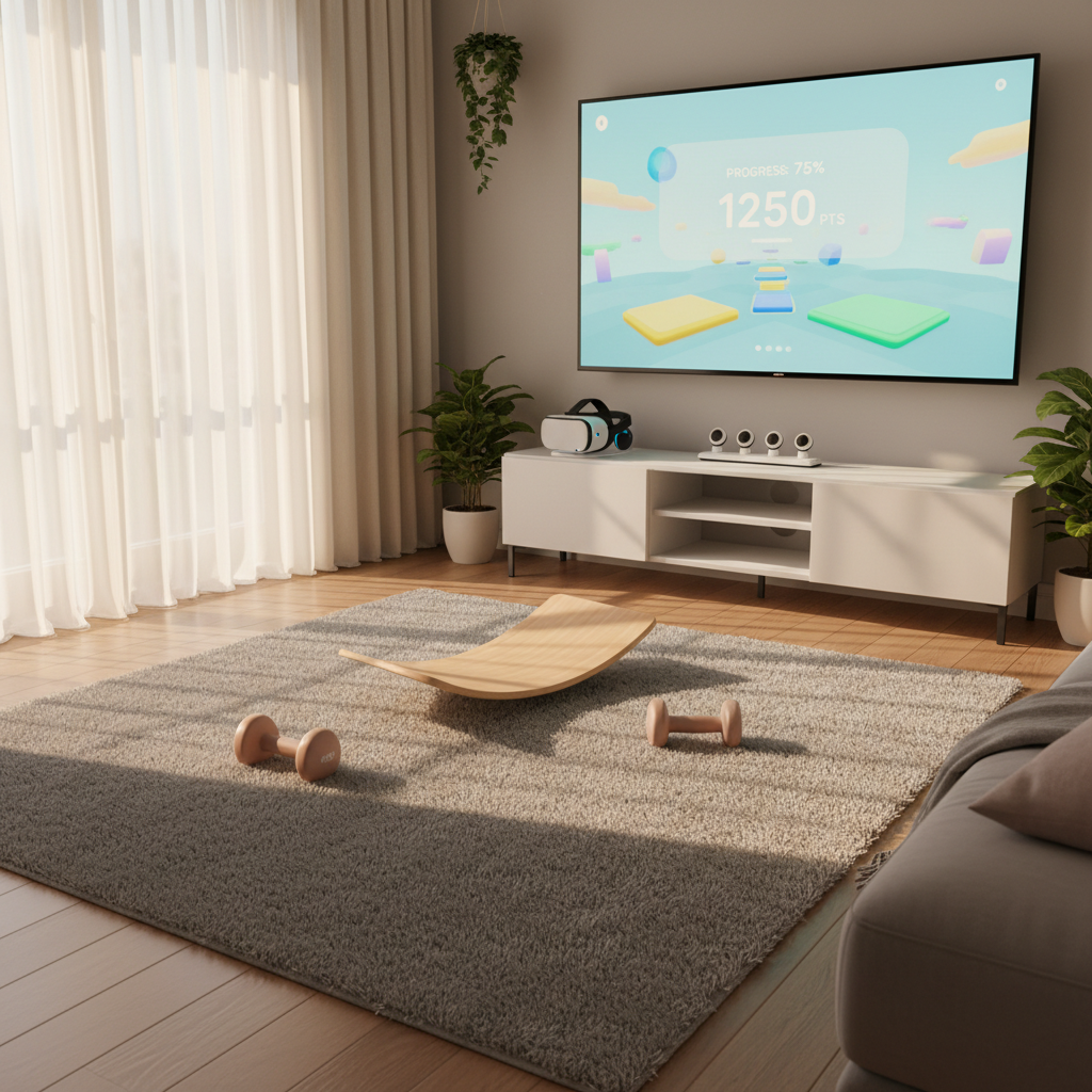 A calm home-therapy living room adapted for XR physiotherapy, shown in photographic realism with no people. A neatly cleared space features a soft gray rug with a compact balance board and light dumbbells arranged symmetrically. In front of a wall-mounted TV, a VR headset rests on a slim, white media console beside a tidy charging dock with sensors. The screen displays a friendly, gamified rehab environment with simple geometric obstacles and progress scores in pastel tones. Warm late-afternoon sunlight filters through sheer curtains, creating gentle patterns on the floor and a cozy yet organized ambiance. Shot from a slightly elevated corner angle with moderate depth of field, the scene conveys accessibility, comfort, and professional guidance brought into a home setting.