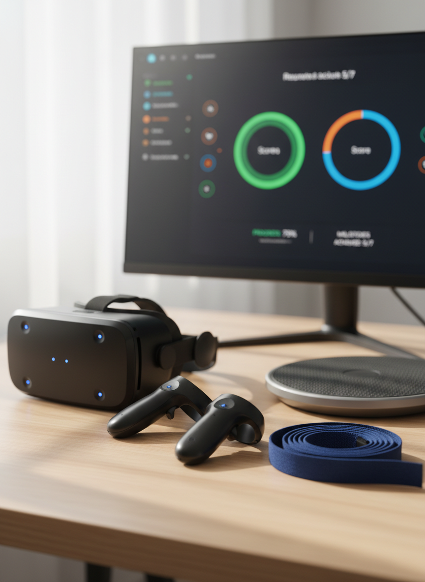 A close-up, photographic realism scene of a VR physiotherapy setup on a clean, light wood desk, with no humans present. A premium matte-black VR headset with subtle blue indicator lights rests beside a pair of ergonomic motion controllers. Next to them lies a neatly folded elastic resistance band and a small, modern balance board with a textured gray surface. In the background, slightly out of focus, a large monitor displays a colorful, gamified rehab dashboard with score rings and progress milestones. Soft, diffused natural light from an unseen window creates gentle highlights and shallow shadows, while a shallow depth of field adds intimacy. The mood is innovative, focused, and clinically professional, with a minimalist, tidy composition.