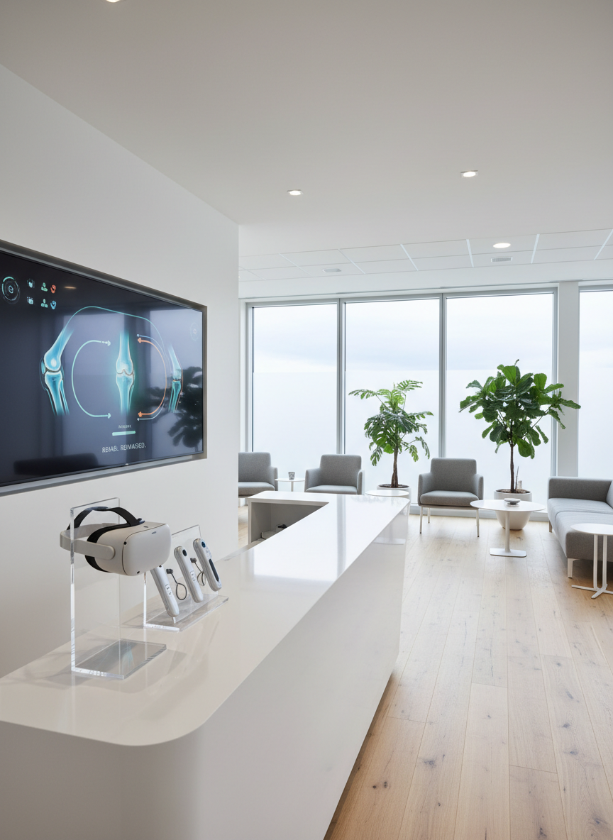 An airy physiotherapy practice reception area devoid of people, designed to highlight XR innovation. A clean white reception counter holds a small stand with a VR headset and wireless sensors presented like premium medical devices. Behind the counter, a wall-mounted display shows a looping demo of a gamified rehab environment, with stylized joints and motion paths in bright, reassuring colors. The room features light oak flooring, muted gray seating, and a few potted green plants to soften the clinical feel. Large floor-to-ceiling windows admit gentle overcast daylight, creating soft, even illumination and subtle reflections. Captured from a slightly elevated angle with sharp focus throughout, the mood is welcoming, modern, and trustworthy, embodying a cutting-edge healthcare brand.