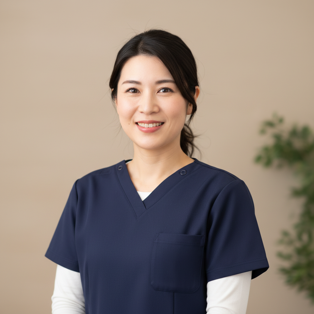 Realistic but non-identifiable headshot of a professional female physiotherapist of Japanese descent in her 30s, neutral background, soft light, slight smile, suitable for a testimonial avatar. No specific person likeness.