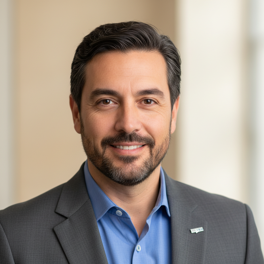 Realistic but non-identifiable headshot of a professional male physiotherapy clinic owner of Spanish/Latino descent in his 40s, neutral background, soft light, friendly but professional expression, suitable for a testimonial avatar. No specific person likeness.